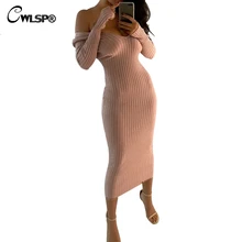 CWLSP Skinny Ribbed Sweater Dress Women Slash Neck Off Shoulder Long Sleeve Dresses Slim Sexy vestido longo robe femme QL3644