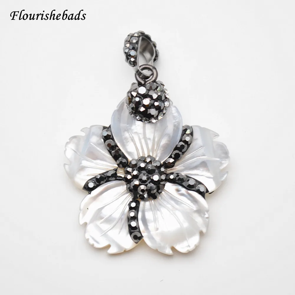 Covered Crystal Beads Natural White Shell Flower Petal Pendant fit