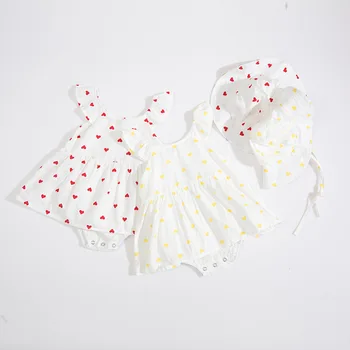 

Baby Girl's Sleeveless Flowers Round Neck Heart 2PCS 100% Cotton Rompers+Hats Triangle Design Spring Summer Bebi Rompers Set