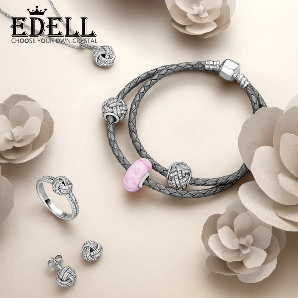 

EDELL 100% 925 Sterling Silver 1:1 SPARKLING LOVE KNOT EARRING STUDS Ring Charm Beads Necklace DOUBLE WOVEN LEATHER BRACELET Set
