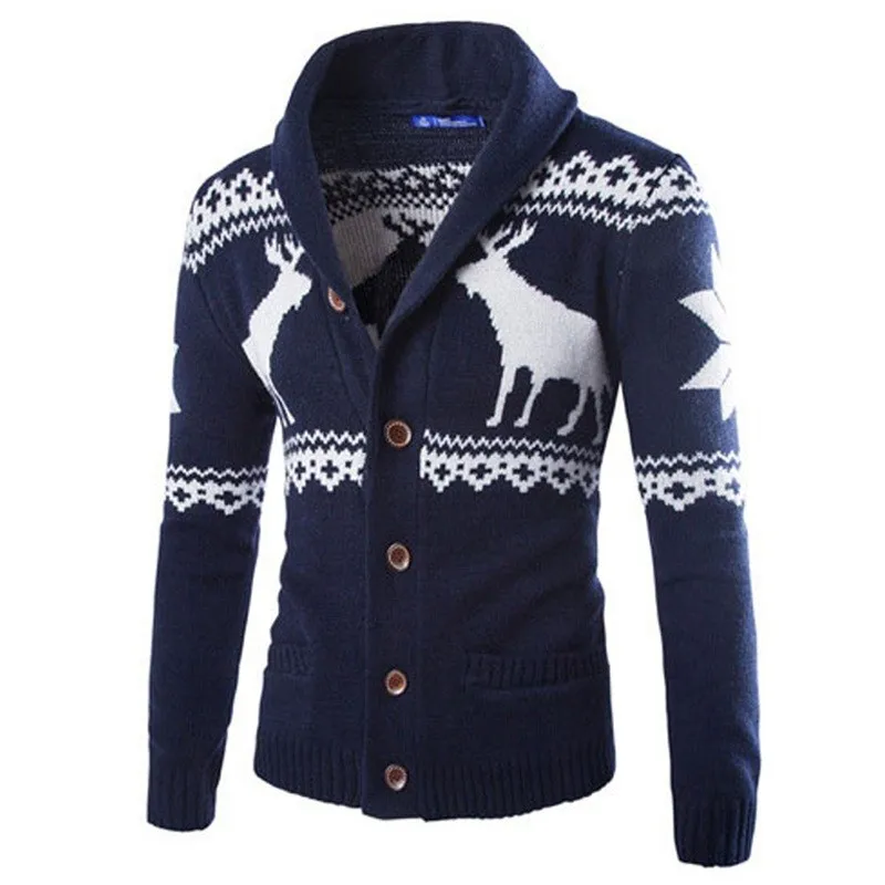 Модный Рождественский кашемировый свитер, мужской зимний Кардиган, однобортный Повседневный тонкий мужской свитер с рисунком оленя, вязаная одежда