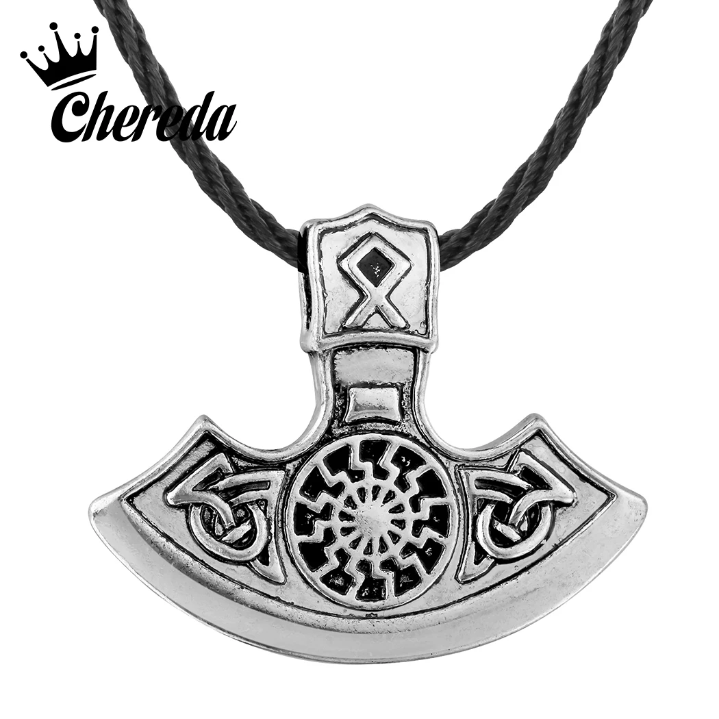 

Chereda Viking Perun Axe Pendant Antique Silver Sun Fern Flower Rope Necklaces Punk Bar Ethnic Jewelry Collier