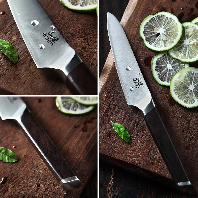 HEZHEN 5 дюймов Универсальный нож из высокоуглеродистой нержавеющей стали кухонные ножи 3 слоя 440C нож для нарезки фруктов Santoku с черной ручкой