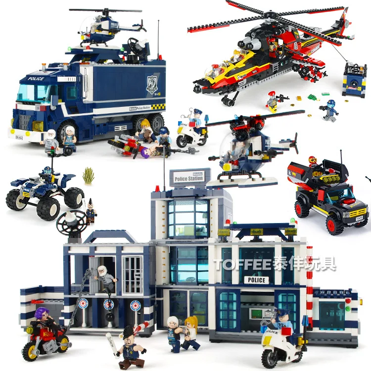 Legoing City Mini Police Figure Motorcycle Vehicle Traffic Helicopter Prisoner Car Boat Building Blocks Bricks Toys For Children
