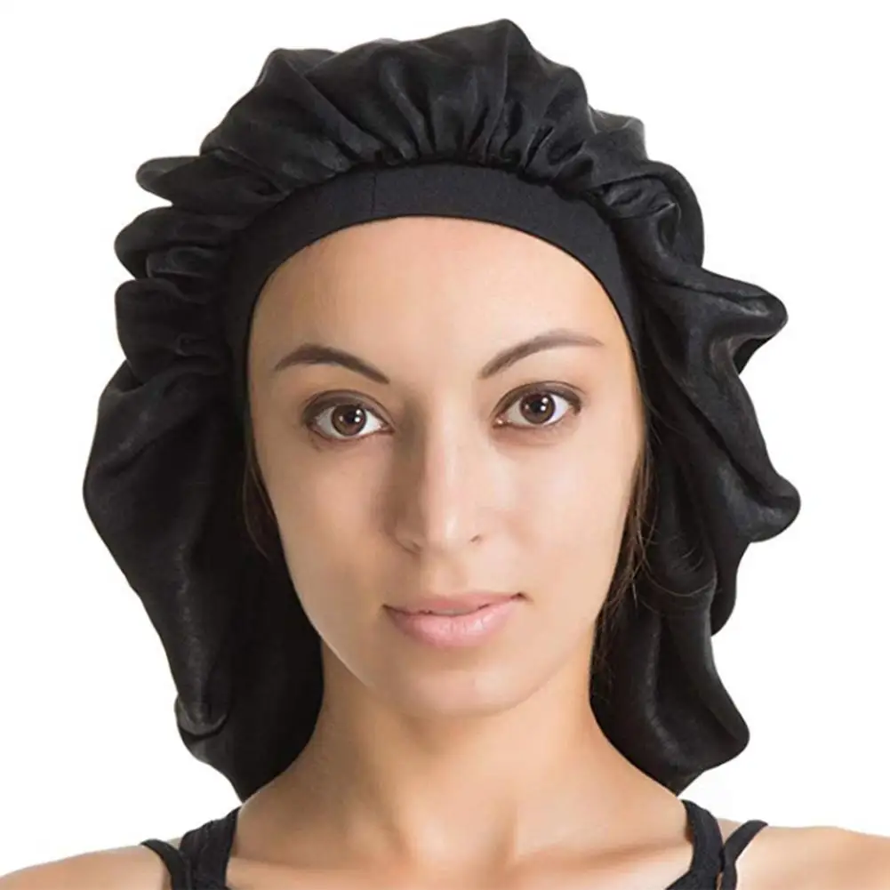 1 шт. черная супер шапочка для душа для сна Водонепроницаемая женская шляпа для ухода за волосами Большая атласная шелковая шляпа для сна Роскошная Премиум эластичная лента