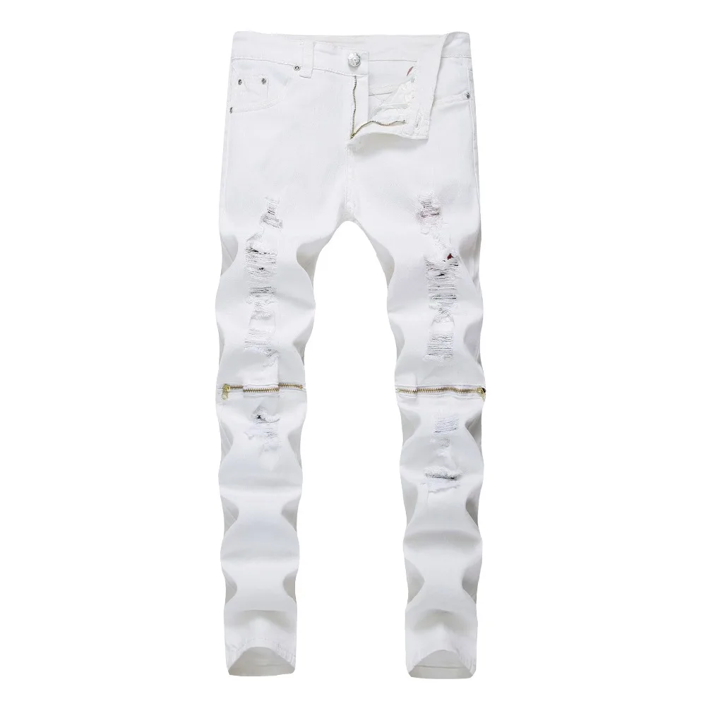 

Fashion 2019 spring autumn Distressed Denim white color knee Zipper locomotive Biker dance pantalon homme jeans men hombre