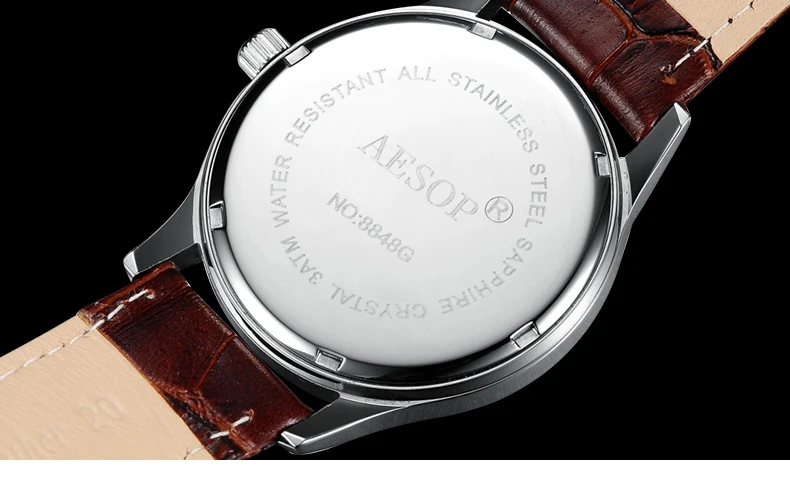 AESOP thinness 9 mm classic style Watch Men Quartz Moon Phase Male Clock Genuine Leather Relogio Masculino hour new arrival