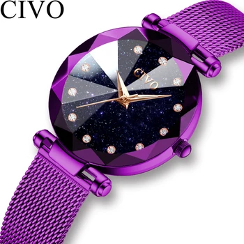 

CIVO Fashion Women Crystal Watches Luxury Waterproof Ladies Quartz Watches Purple Steel Mesh Wristwatches Clcok Relogio Feminino