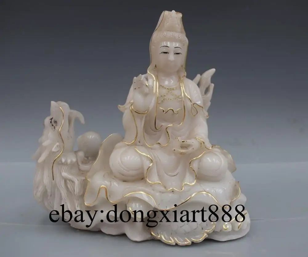 13&quot Chinese White Stone Jade Painted Dragon Kwan-yin Bodhisattva Guanyin Statue | Дом и сад