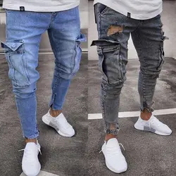 2018 мужские стильные рваные джинсы брюки байкерские обтягивающие тонкие прямые потертые джинсовые брюки новые модные обтягивающие джинсы