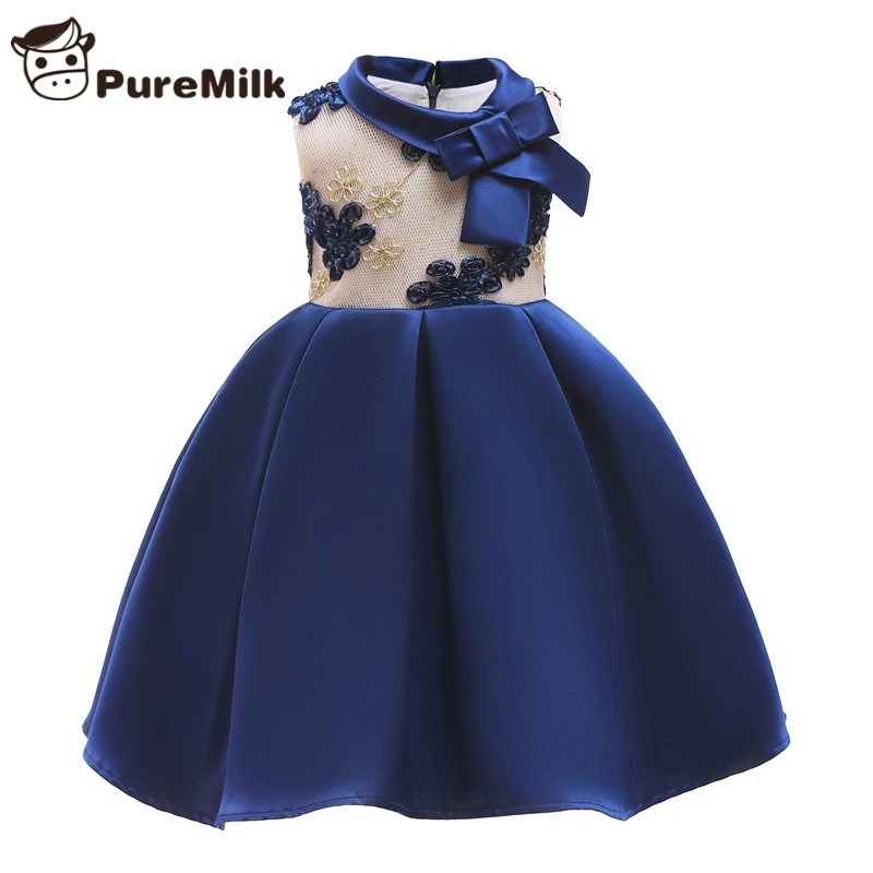 

PureMilk Sleeveless Girls Dresses Lace Pattern With Bow Blue Dress For Girls Summer Party Dress
