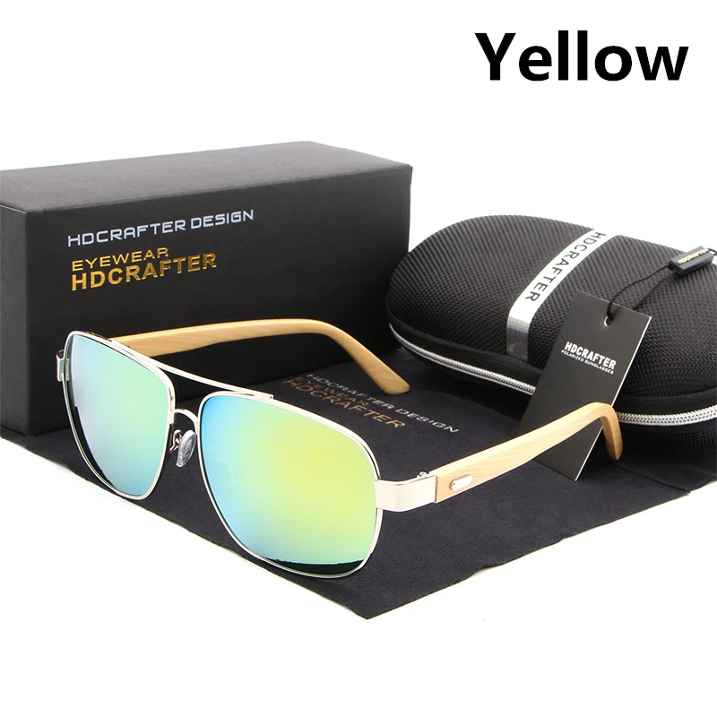 HDCRAFTER крутые брендовые дизайнерские солнцезащитные очки для женщин, бамбуковые ножки, металлическая оправа, солнцезащитные очки для мужчин и женщин, деревянные солнечные очки - Цвет линз: yellow