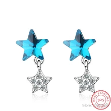 Настоящее 925 пробы, серебряные, синие, Кристальные серьги-гвоздики с двойной звездой для женщин, модные, серебряные, со звездами, Brincos oorbellen