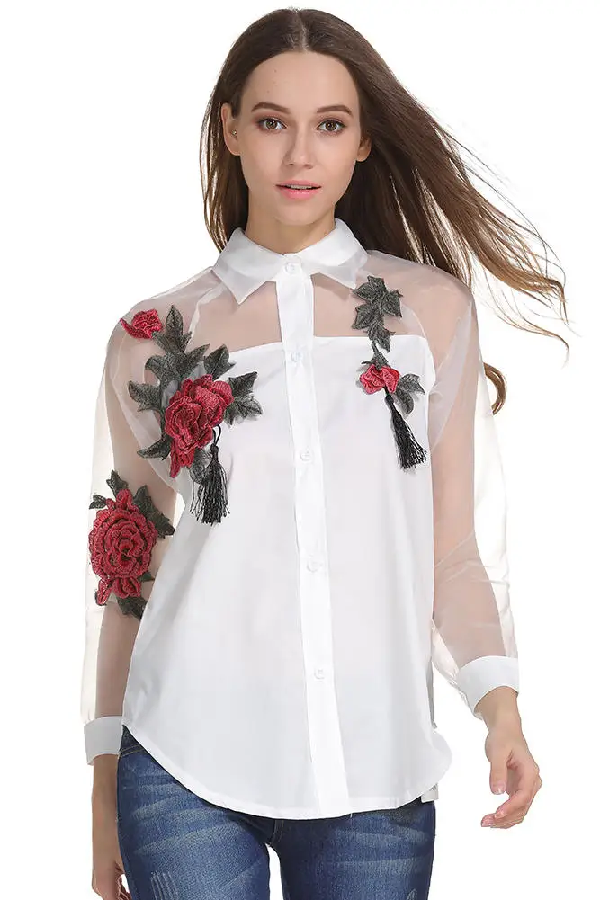 

Women Fashion Blusas Feminina Organza Flower Embroidery Mesh Hollow out Long Sleeve Shirt Blouse Clothes Casual Tops Plus Size