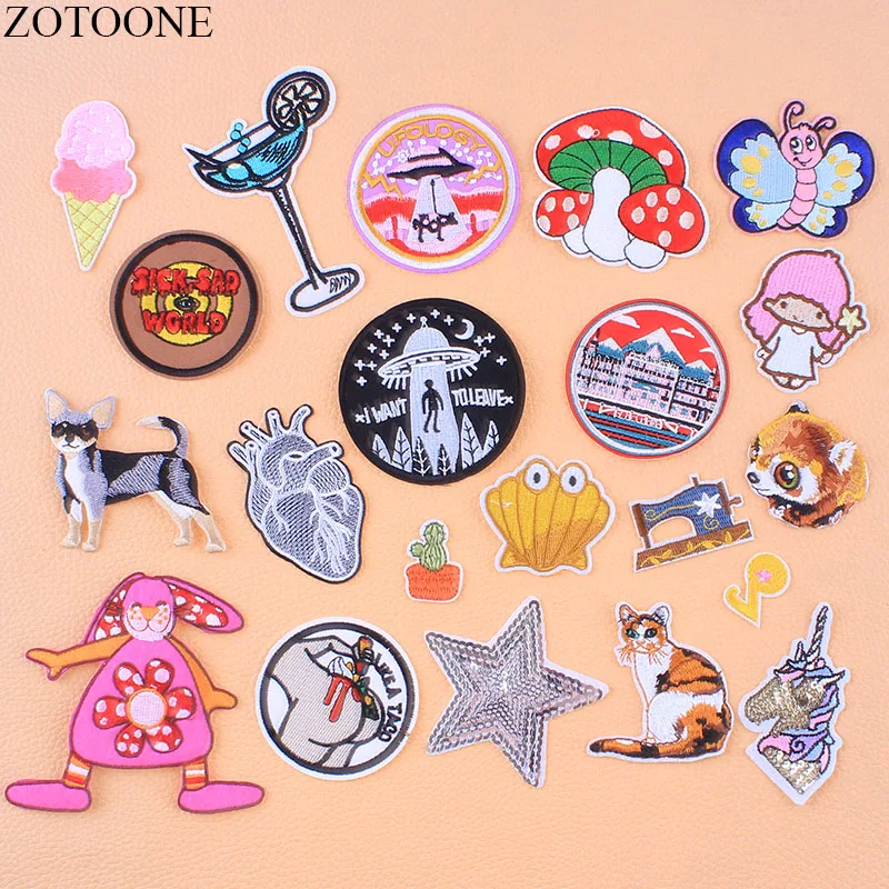 

ZOTOONE Iron On UFO Heart Star Patches Applications For Clothes Embroidered Unicorn Animal Round Patch Applique Accessory DIY E
