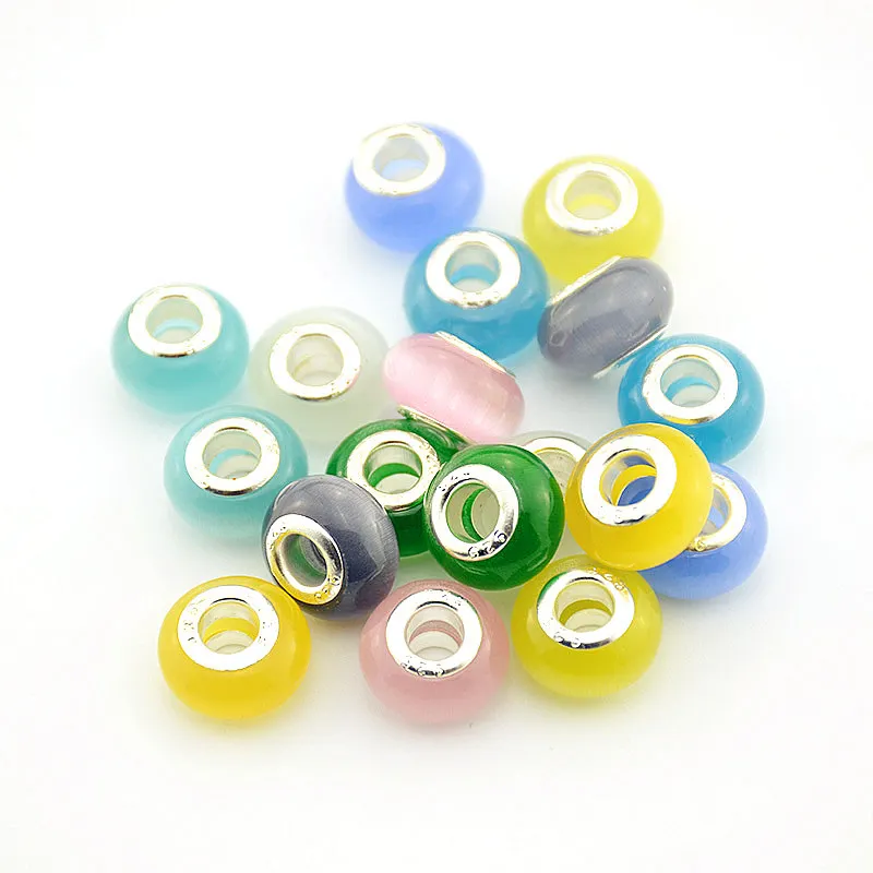 

Random Mixed Color Opal Stone Beads Wholesale 100P/Lot 9X14MM Big Hole Round Cat Eye Beads Fit European Charms Bracelet DIY H196