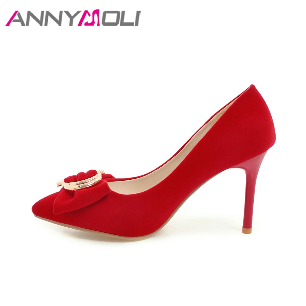 ANNYMOLI Women Pumps High Heels Ladies Party Shoes Bow Pointed Toe Stiletto Female Shoes Crystal Red Black Spring Shoes Size 43