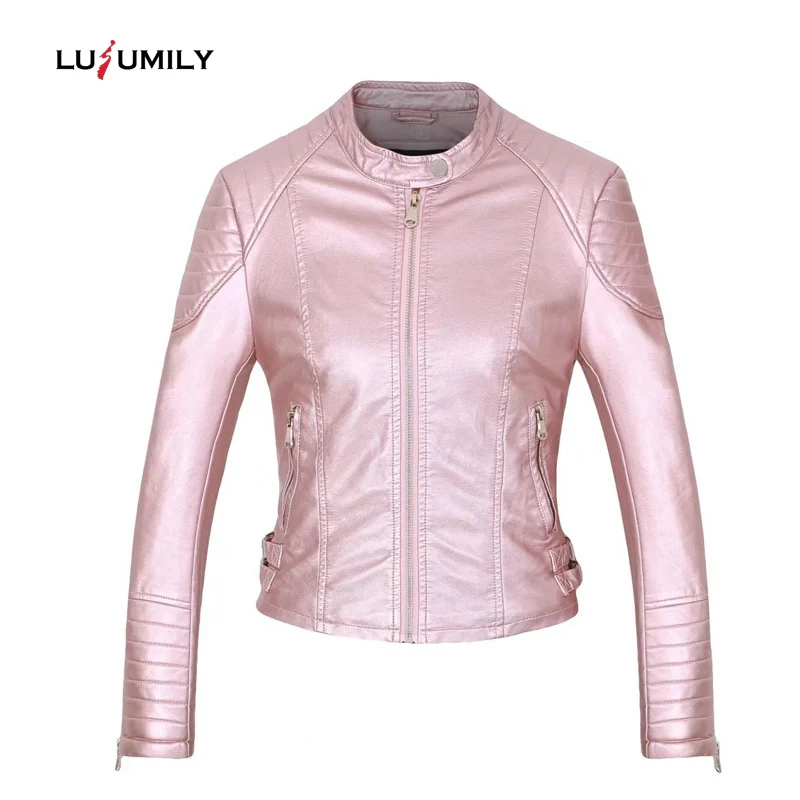 

Lusumily Moto Biker Jacket Women Turn Down Collar Zipper Soft Pu Faux Leather Jacket New Arrivals Punk Short Jackets Ladies Coat