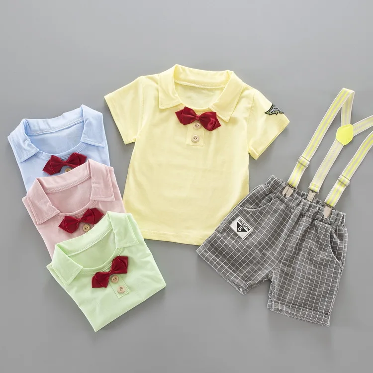 2018 Summer Short Sleeve Kid's Clothing 1-3 Year Old Boy Tide Bowstring Bib Two-piece Baby Set Shorts Kid Boys Babys | Детская