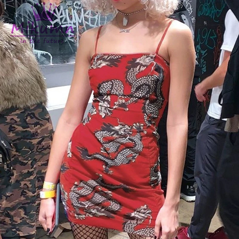 

Gothic Punk Harajuku Vintage Chinese Style Dragon Printing Bodycon Sexy Women Party Mini Dress