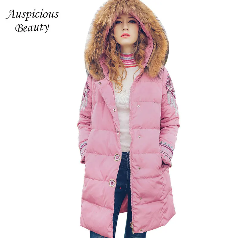 Winter New Women Down Coat Embroidery Down Jacket Womens Hooded Fur