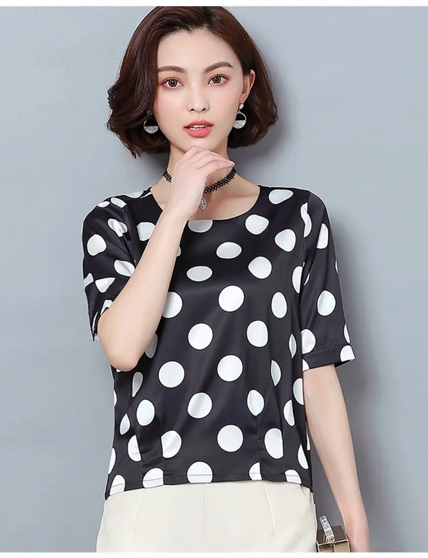 SEXMKL Womens Chiffon Blouses Summer Fashion Casual Silk Blouse Sexy Tops Office Ladies Shirts White Polka Dot Blouse Top