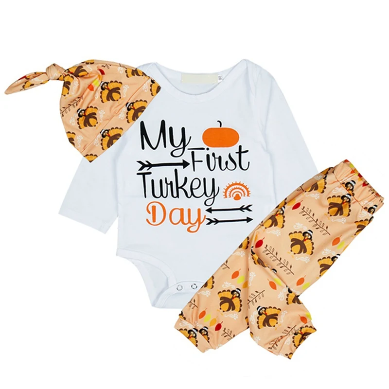 

Girls Boys Set Thanksgiving Triangle Tops Bodysuit Turkey Pattern Print Cotton Pants Hat Casual Three-Piece Children Bodysuit