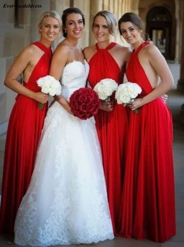 Красивые Холтер Красный шифон платья подружки невесты 2019 плиссированные корсет Назад горничной для Свадебная вечеринка