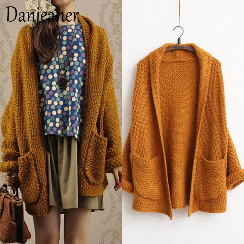

Danjeaner Harajuku Loose Long Cardigans Autumn Winter Solid Batwing Sleeve Thick Sweaters with Large Pockets Women Outwear Coats