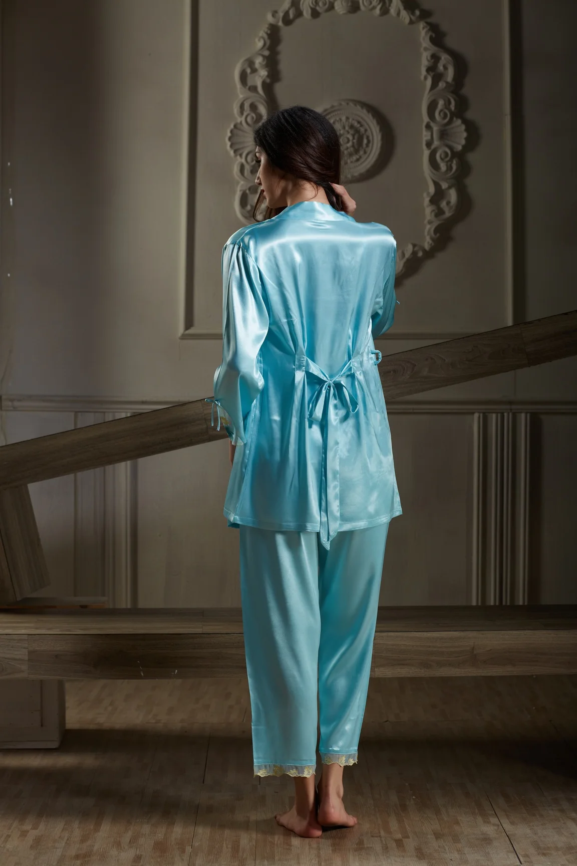 Высококачественный Женский шелковый халат, комплект Топ с длинным рукавом, штаны на бретельках, 3 штуки, кружевной сексуальный халат, тонкий мягкий спальный костюм, одежда для сна