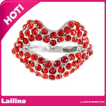 

Silver Tone Red Rhinestones Retro Valentines Lips Lipstick Kiss Ring
