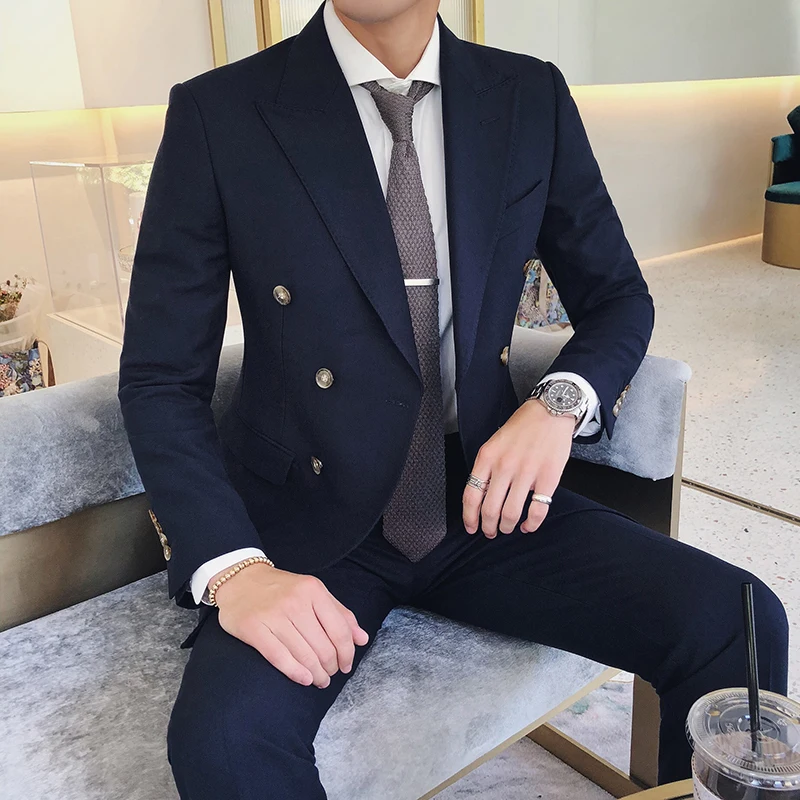 Двубортный пиджаки мужские 2018 серые masculino Slim Fit черный chaqueta hombre формальные