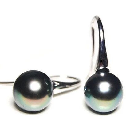 

Free shipping hj 00603 AAA 9-10mm natural tahitian south sea black green pearl earrings s925