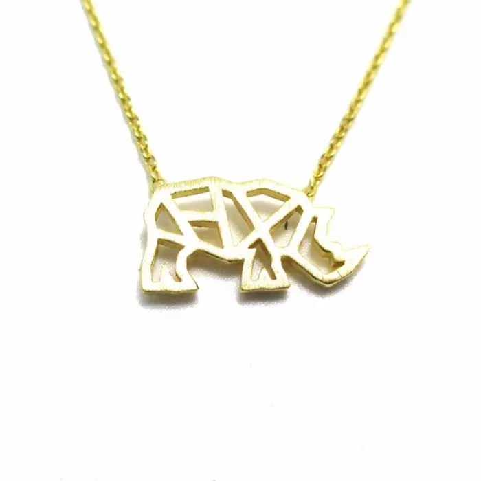 RHINO RHINOCEROS OUTLINE SHAPED PENDANT NECKLACE IN GOLD