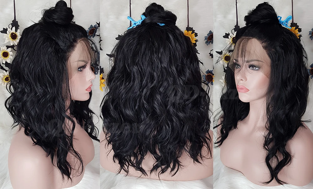 QD-Tizer Fashion Short Wavy Bob Hair Wig Black Wavy Wig Lob Hair Heat Resistant Synthetic Lace Front Wigs9