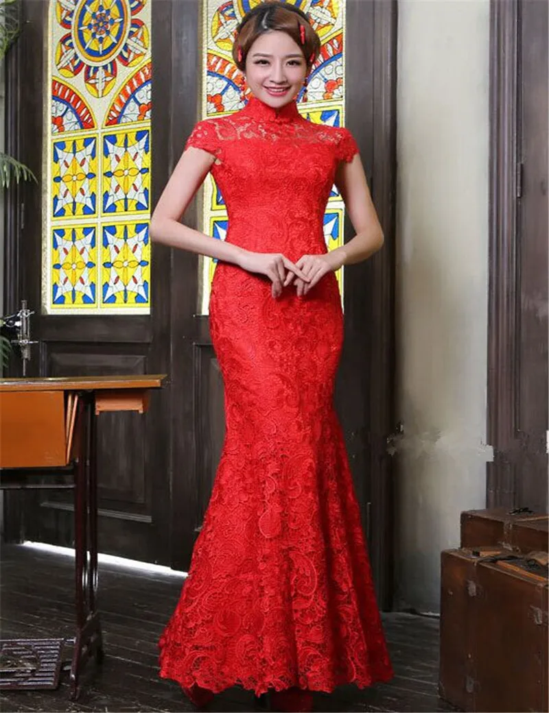 Brand Qipao Design Red Lace Cheongsam 