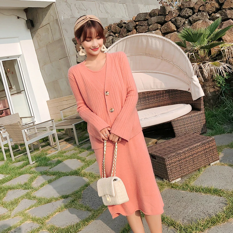 HAMALIEL New Arrival Fall Winter Suits Orange Knitting Single Breasted Loose Cardigan + Sleeveless Midi Split Women Skirt Suits