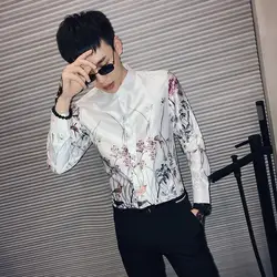 2019 весна тонкая рубашка мужская с длинными рукавами тонкая личность волосы рубашка стилиста ночной клуб прилив мужской корейский