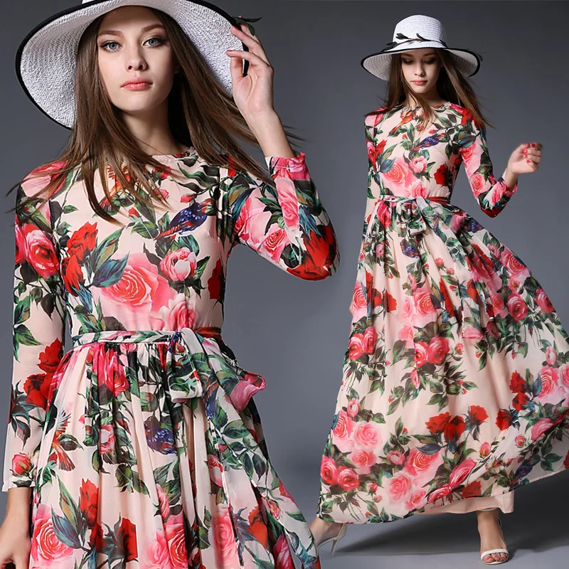 9239 ранней весной новый Европейский и Американский печати шифон dress с длинными