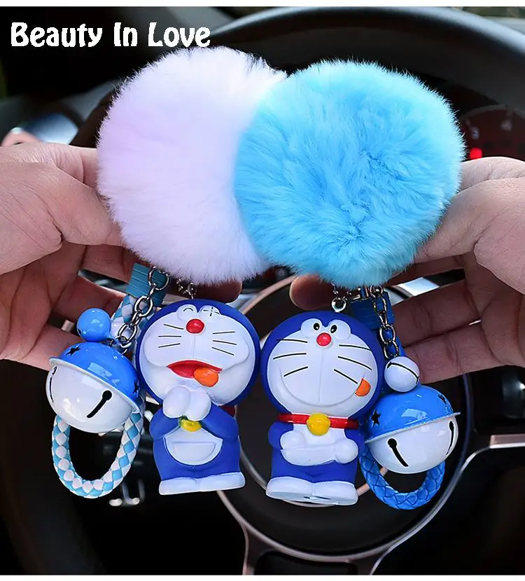 Cartoon  Doraemon Bear Animal Fur Ball Pom Poms Pompom Kiki Keychain Women Key Ring Chains Leather Trinket Car Bag Charm D84