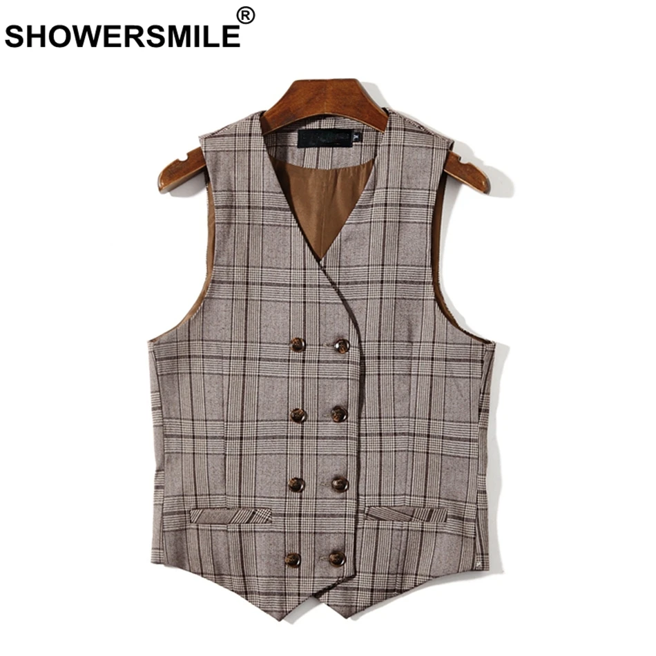 

SHOWERSMILE Brown Plaid Mens Double Breasted Waistcoat Plus Size Houndstooth Dress Vest Men Sleeveless Jacket Man Vintage Gilet