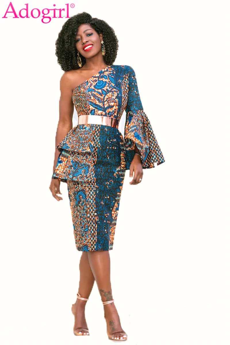 

Adogirl Plus Size Women Fashion Print One Shoulder Peplum Dress Flare Long Sleeve Pencil Midi Evening Party Dresses Vestidos