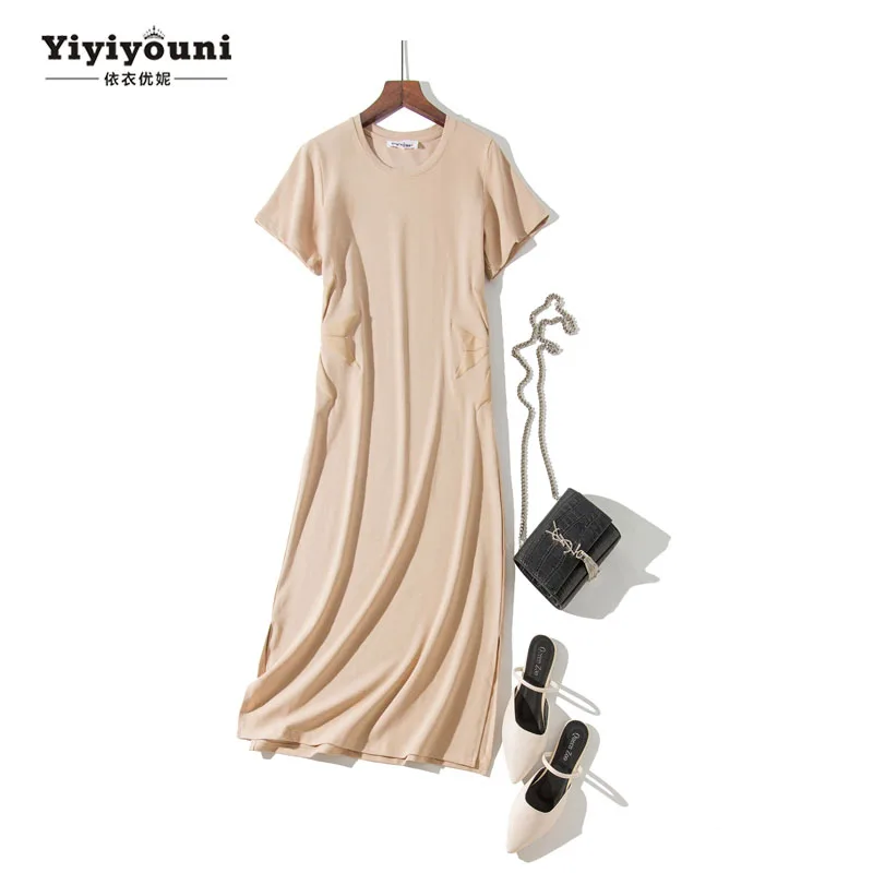2019 Summer Plus Size Long Dresses Women O-neck Pocket Split T-shirt Dress Mid-calf Print Loose Navy Apricot M-2XL Lady Dress 2019 Summer Plus Size Long Dresses Women O-neck Pocket Split T-shirt Dress Mid-calf Print Loose Navy Apricot M-2XL Lady Dress