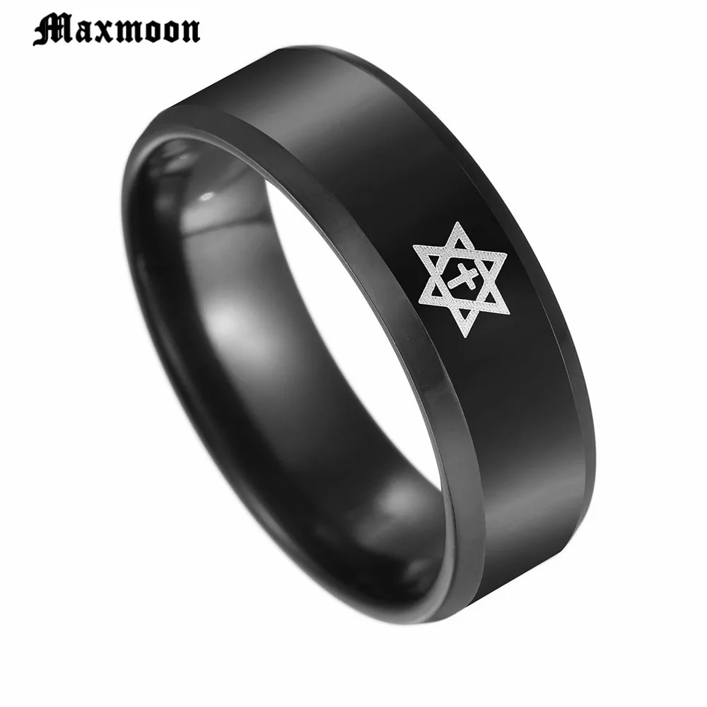 

Maxmoon 018 New Black Titanium Steel Pentagram Star of David Cross Ring Men's Women Wedding Band Israel Jewish Jewelry