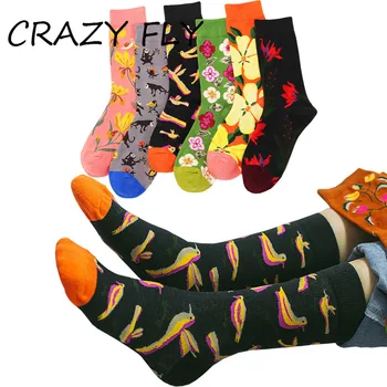 

CRAZY FLY Floral Printed Womens Mens Happy Socks Animal Cat Bird Flower Plants Cotton Socks Casual High Quality Novelty Socks