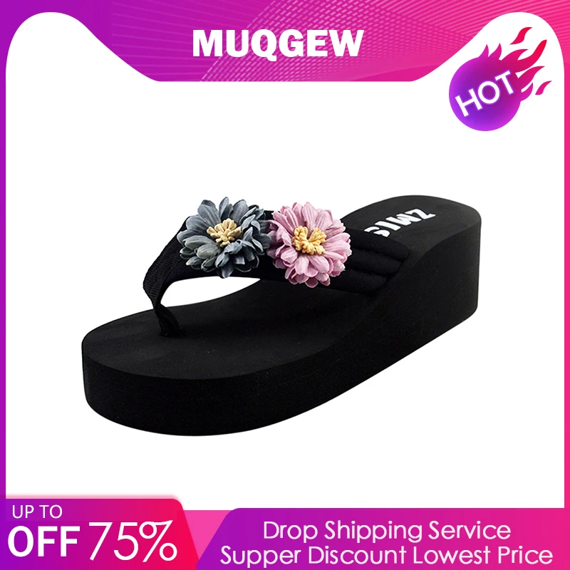 

Wedge with flowers boho style beach shoes ladies summer flip-flops wear casual fashion slippers Wedge with flowers boho style
