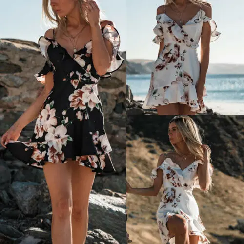 Женское платье с цветочным принтом Boho летнее короткое пляжное для вечеринки мини