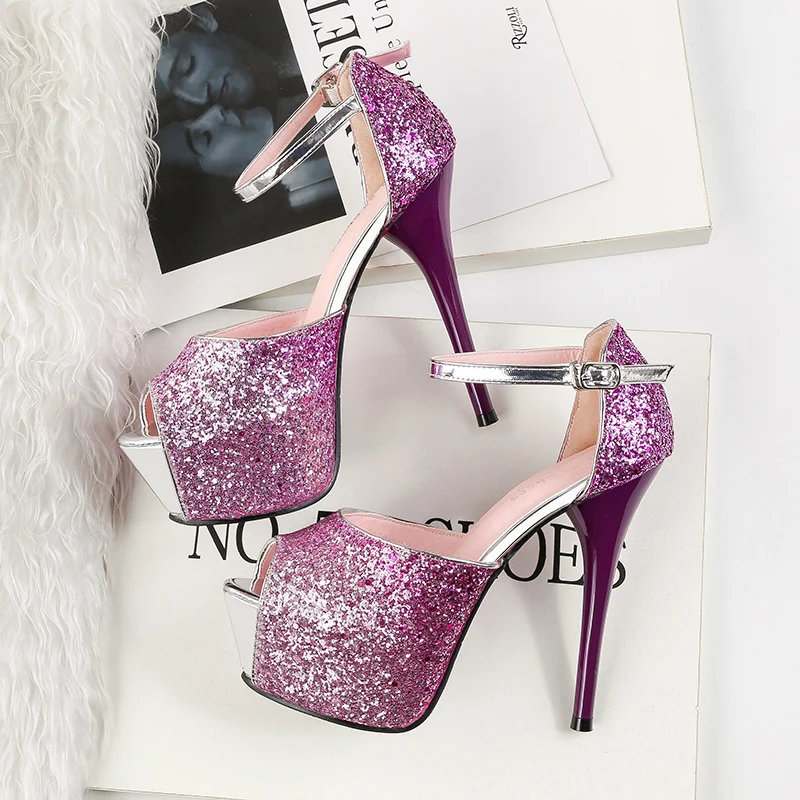 

2019 Bling Slippers Women High Heel 14.5CM Sandals Platform Shoes Sexy Silver Princess Peep Toe Ladies Pumps Wedding Shoes Femme