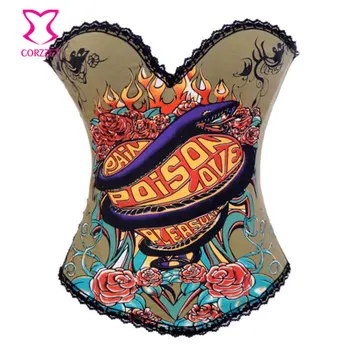 

Snake and Floral Printed Cotton Sexy Club Bustier Waist Trainer Corset Overbust Corselet Burlesque Woman Gothic Corsets