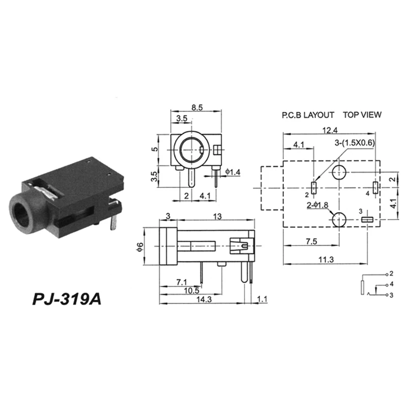 100pcs PJ 319A Audio Connector 3 5mm Headphone Jack Three Feet Plastic Head Black For Computer Chassis Audio Socket 90 Degrees
